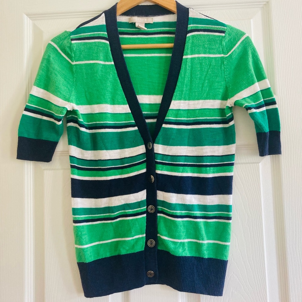 Banana Republic Green Navy White Striped Lightweight Cardigan